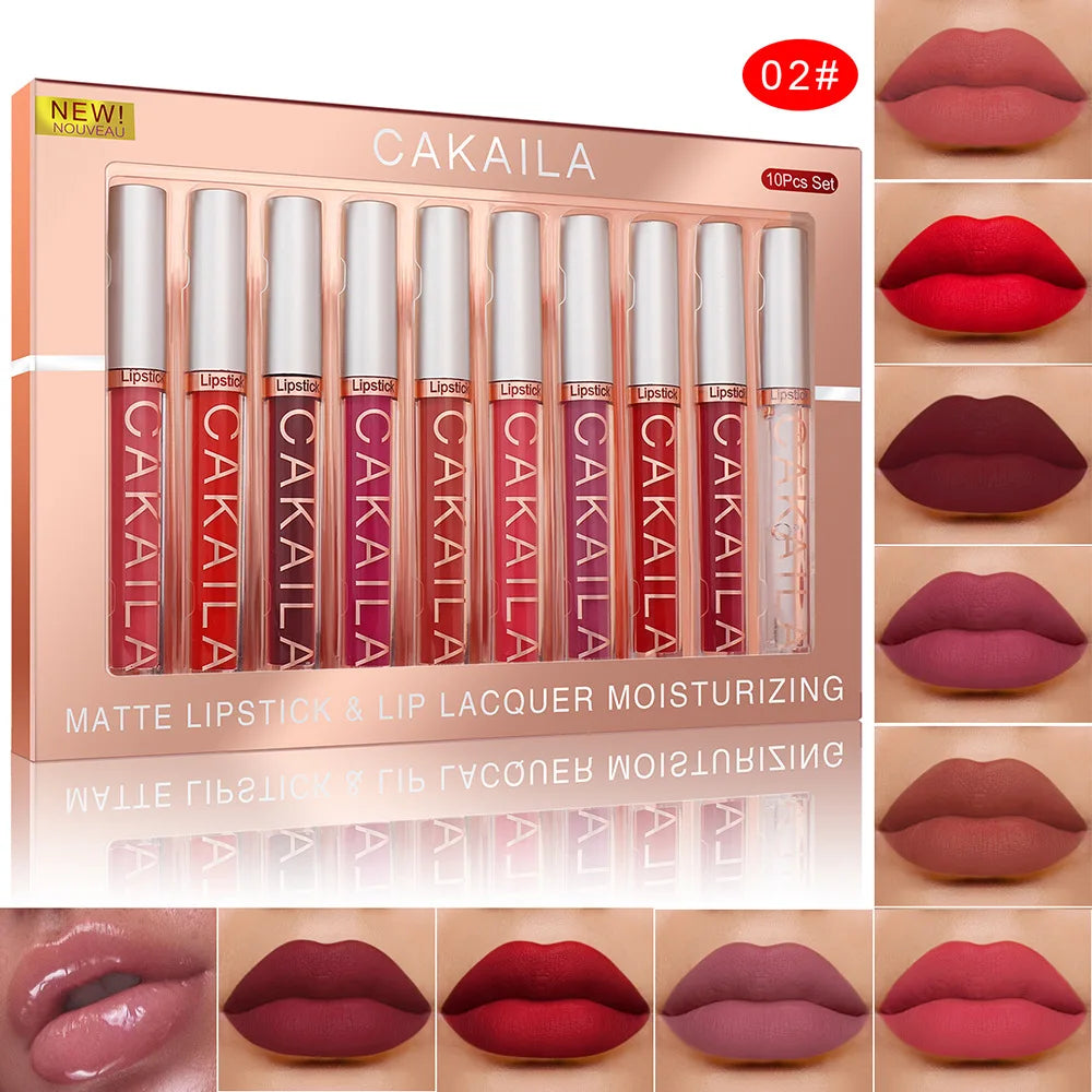 CAKAILA 10pcs/set Nude Lip Gloss Matte Velvet Lipstick Waterproof Long-lasting  Liquid Lipstick Women Moist Lip Tint