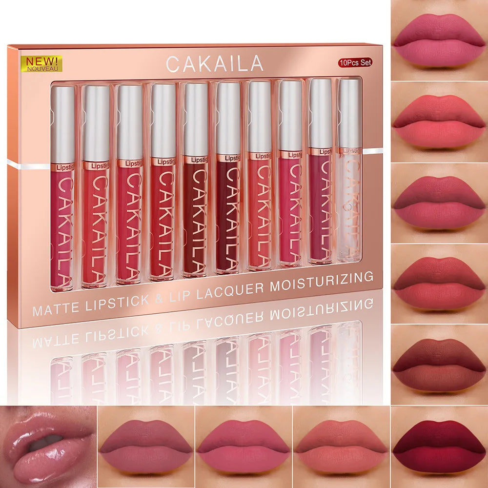 CAKAILA 10pcs/set Nude Lip Gloss Matte Velvet Lipstick Waterproof Long-lasting  Liquid Lipstick Women Moist Lip Tint