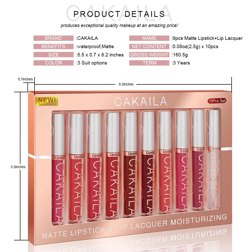 CAKAILA 10pcs/set Nude Lip Gloss Matte Velvet Lipstick Waterproof Long-lasting  Liquid Lipstick Women Moist Lip Tint