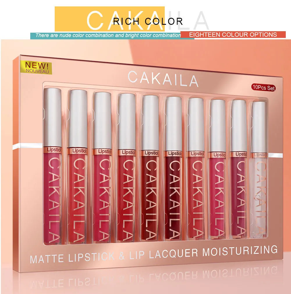 CAKAILA 10pcs/set Nude Lip Gloss Matte Velvet Lipstick Waterproof Long-lasting  Liquid Lipstick Women Moist Lip Tint